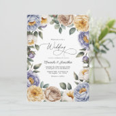 Gedempte Periwinkle, Botercreme en Greige Bruiloft Kaart (Staand voorkant)