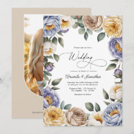 Gedempte Periwinkle, Botercreme en Greige Bruiloft Kaart