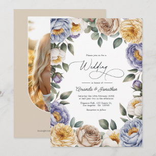 Gedempte Periwinkle, Botercreme en Greige Bruiloft Kaart