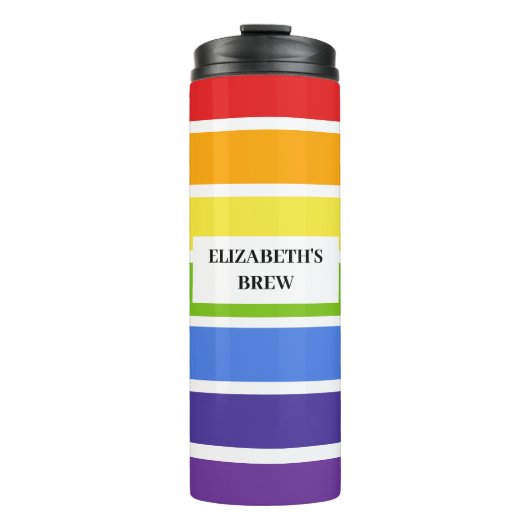 Gedempte Rainbow Striped Custom Name's Brew Thermosbeker (Voorkant)