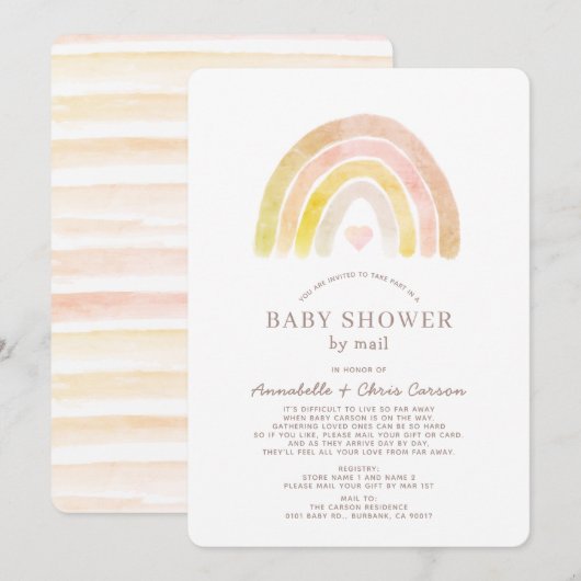 Gedempte regenboog Waterverf roze Baby shower per  Kaart (Voorkant / Achterkant)
