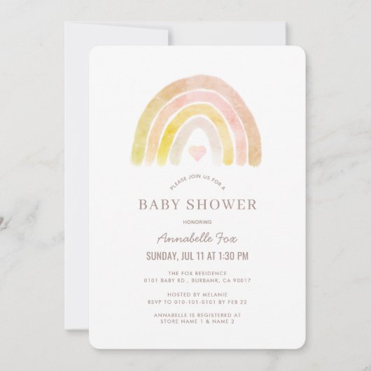 Gedempte Regenboog Waterverf Roze Meisje Baby show Kaart (Voorkant)