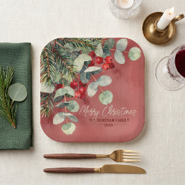 Gedempte rode aquarel winter botanische Kerstmis Papieren Bordje