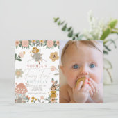 Gedempte roze bloemenfee eerste verjaardag foto kaart (Staand voorkant)