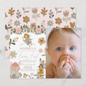 Gedempte roze bloemenfee eerste verjaardag foto kaart (Voorkant / Achterkant)