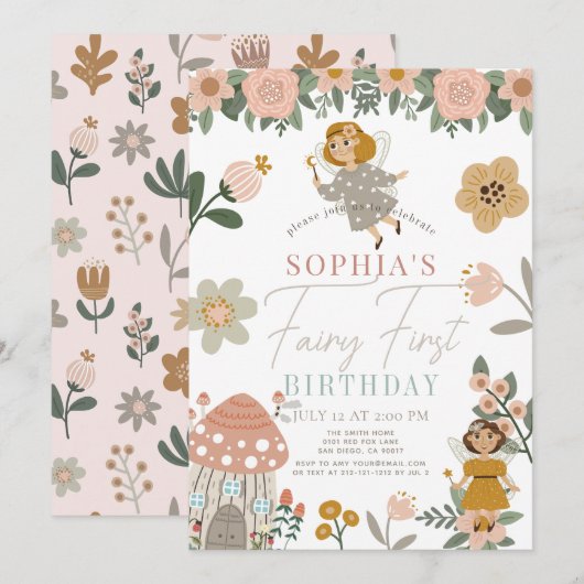 Gedempte roze bloemenfee eerste verjaardag kaart (Voorkant / Achterkant)