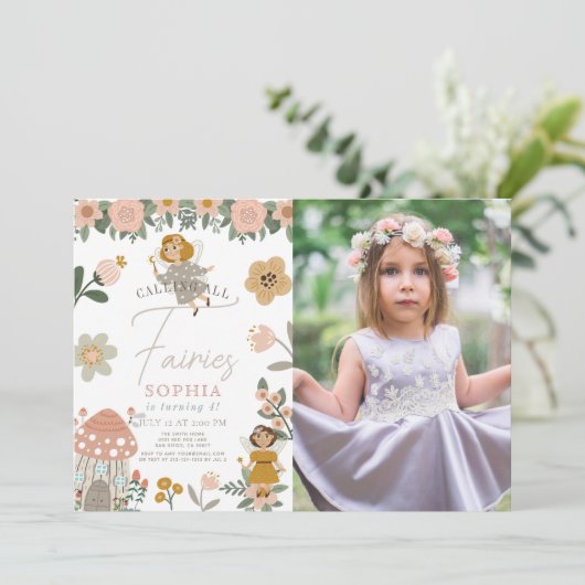 Gedempte roze bloemenfee meisje verjaardag foto kaart (Staand voorkant)