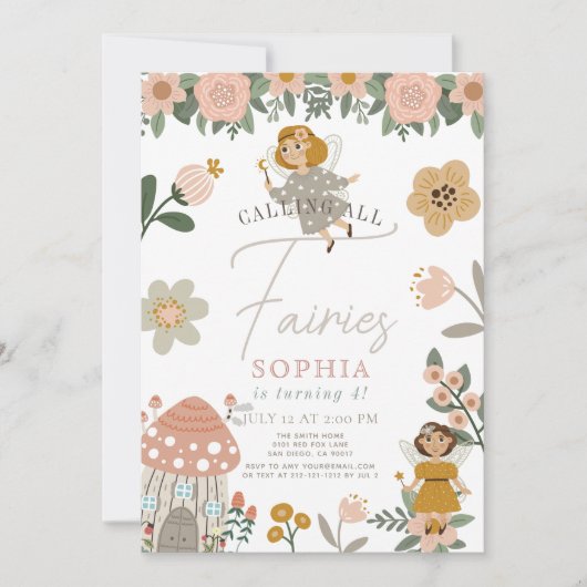 Gedempte roze bloemenfee meisje verjaardag kaart (Voorkant)