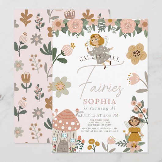 Gedempte roze bloemenfee meisje verjaardag kaart (Voorkant / Achterkant)