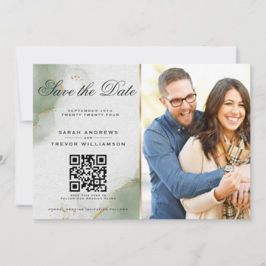 Gedempte salie Foto & QR Code Save the Date Kaart (Voorkant)