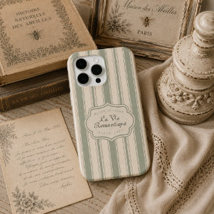 Gedempte saliegroen Franse landelijke strepen Vi iPhone 15 Pro Case