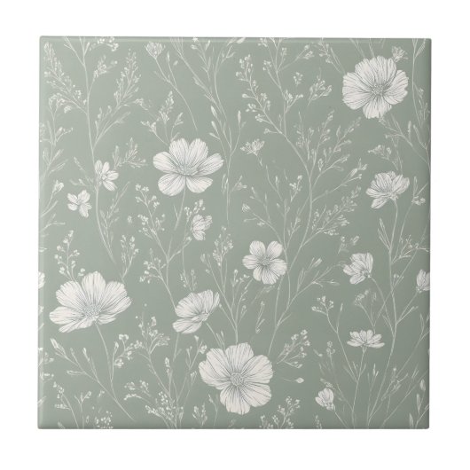 Gedempte saliegroene en witte wilde bloemenpatroon tegeltje (Voorkant)