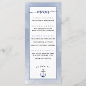 🌊Gedempte Stofblauwe Waterverf Strand Bruiloft Menu (Voorkant)