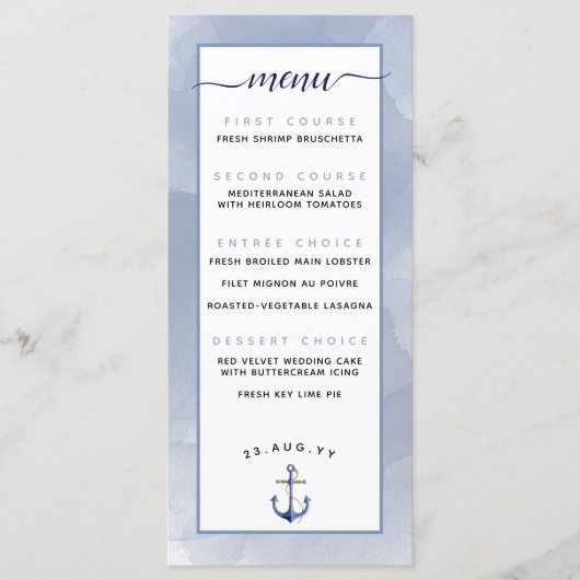 🌊Gedempte Stofblauwe Waterverf Strand Bruiloft Menu (Voorkant)