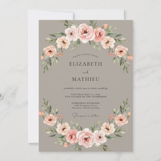 Gedempte Taupe Bruiloft met Bloemen Kaart (Voorkant)