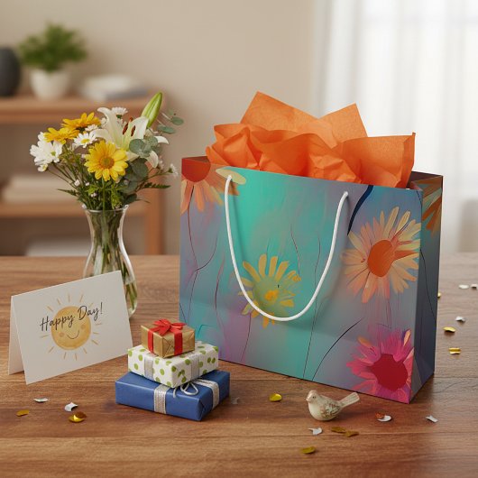 Gedempte tonen abstracte zonnebloemen groot cadeauzakje