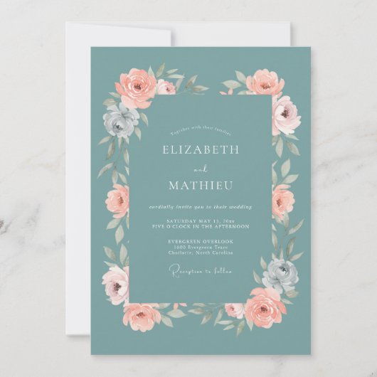 Gedempte Turquoise Perzik Waterverf Bruiloft Kaart (Voorkant)