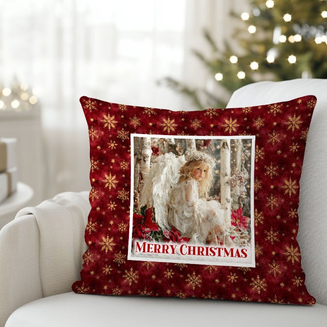 Gedempte Vintage Engel Kunst Rood en Goud Kussen (Hushed Vintage Angel Art Red and Gold Gift Pillow)