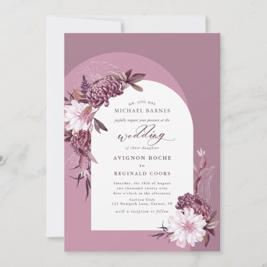 Gedempte Violet Dusty Paarse Bloemboog Wedding Kaart (Voorkant)