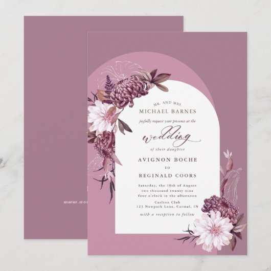 Gedempte Violet Dusty Paarse Bloemboog Wedding Kaart (Voorkant / Achterkant)