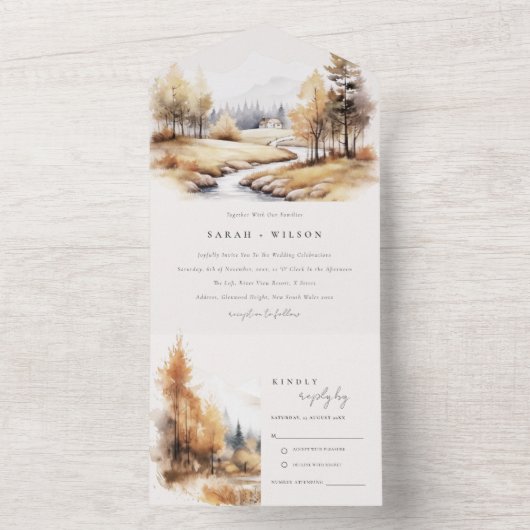Gedempte Waterverf Herfst herfstlandschap bruiloft All In One Uitnodiging (Binnen)