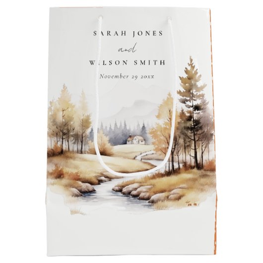 Gedempte Waterverf Herfst herfstlandschap bruiloft Medium Cadeauzakje (Achterkant)