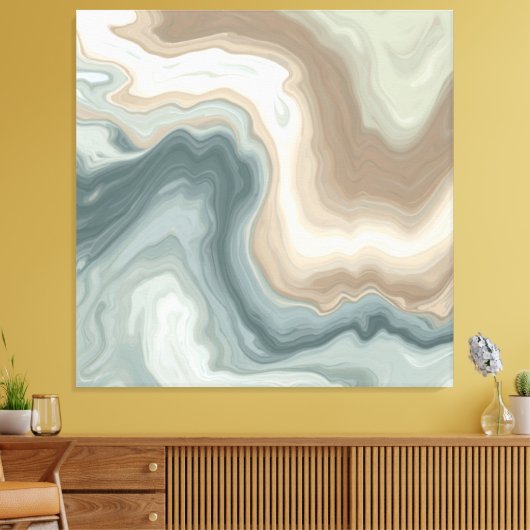 Gedempte zachte blauwgroene bruine abstracte kustp canvas afdruk (Insitu (Woonkamer))