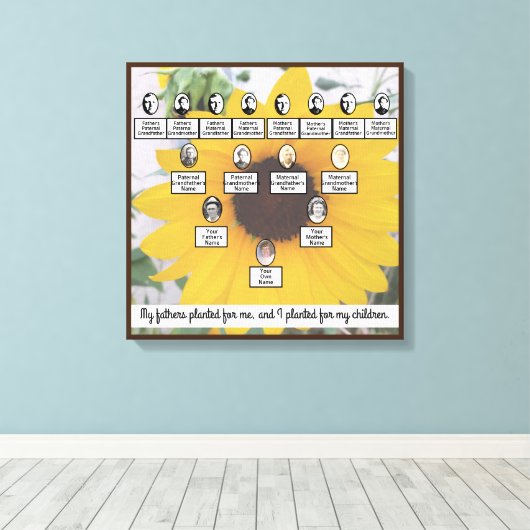 Gedempte zonnebloem vier generaties Family Tree Qu Canvas Afdruk (Insitu (Houten vloer))