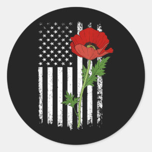 Gedenkdag Red Poppy Amerikaanse Vlag Veteraan Mili Ronde Sticker