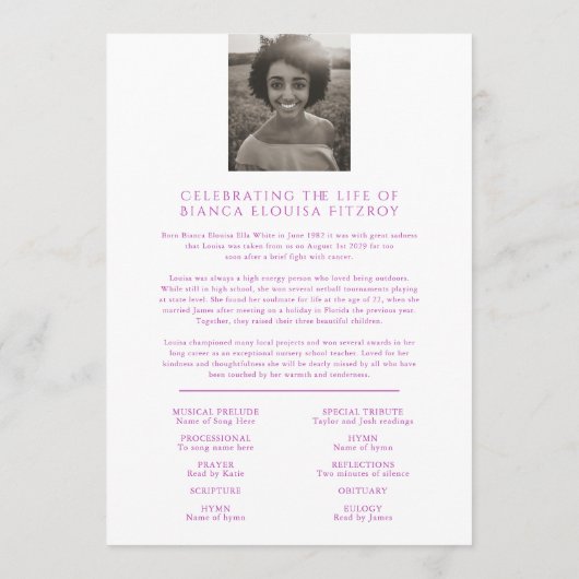 Gedenkdienst paarse roos begrafenisprogramma programmakaart (Achterkant)