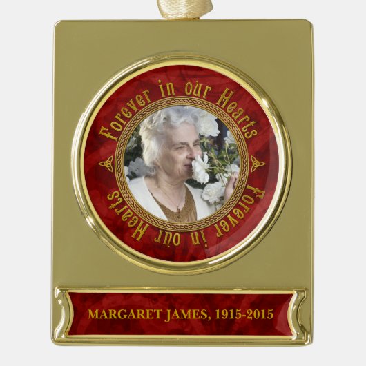 Gedenkfoto Kerst Rood Goud Keltische Knoop Verguld Banner Ornament (Voorkant)