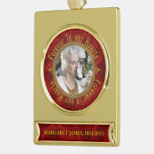Gedenkfoto Kerst Rood Goud Keltische Knoop Verguld Banner Ornament (Links)