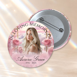 Gedenkknop met foto en roze rozen ronde button 3,2 cm