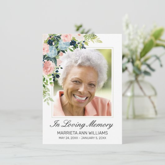 Gedenkteken Elegant Blauw Roze Rose Bloemen Foto Bedankkaart (Staand voorkant)