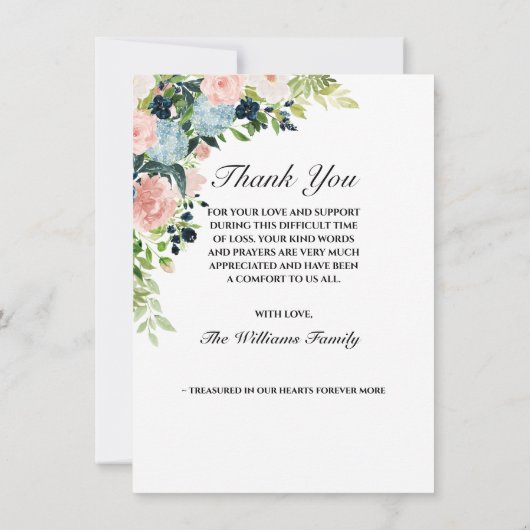 Gedenkteken Elegant Blauw Roze Rose Bloemen Foto Bedankkaart (Achterkant)