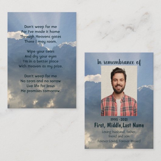 Gedenkteken Fotogebed Christelijke Hemelse Hemel Visitekaartje (Voorkant / Achterkant)
