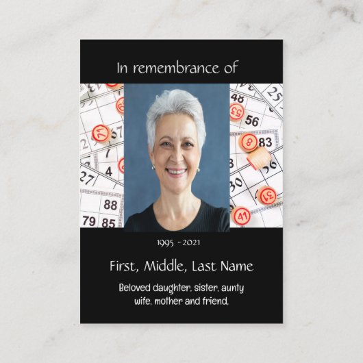 Gedenkteken Herdenking Pocket Keepsake Bingo spel Visitekaartje (Achterkant)