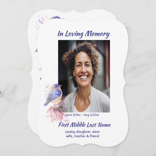 Gedenkteken, Viering van het Leven, Dienst Bluebir Kaart (Voorkant / Achterkant)