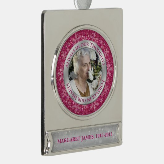 Gedenktekenfoto Kerst Roze Zilveren Sneeuwvlok Verzilverd Banner Ornament (Rechts)