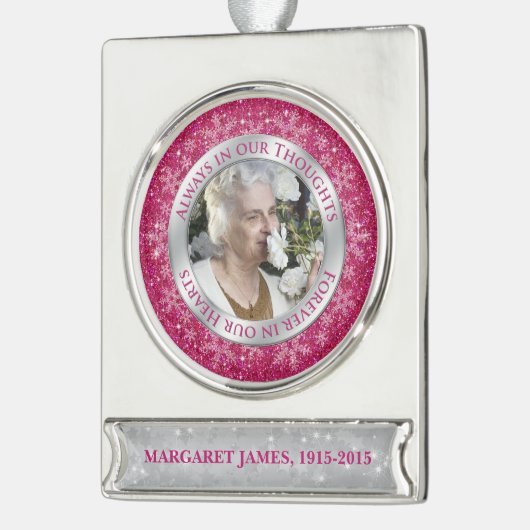 Gedenktekenfoto Kerst Roze Zilveren Sneeuwvlok Verzilverd Banner Ornament (Links)