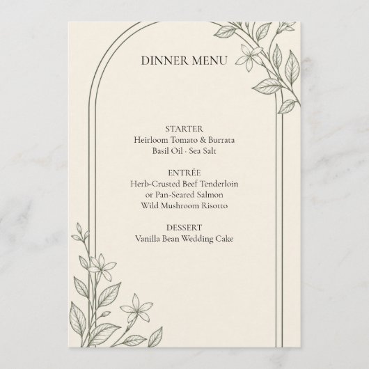 Gedetailleerd Olijf Botanisch Trouw Diner Menu (Voorkant)