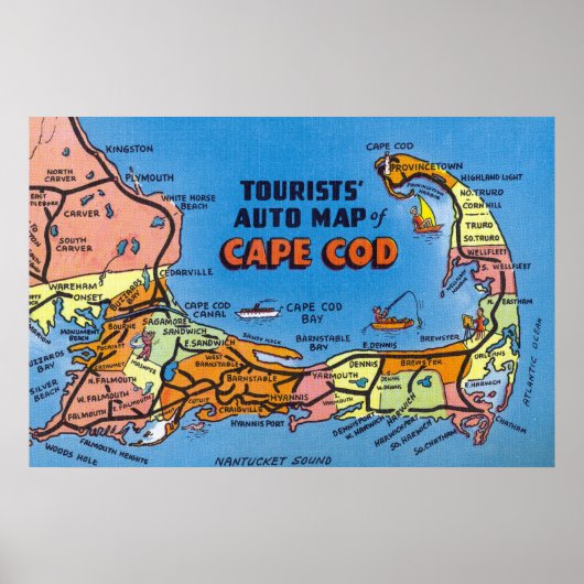 Gedetailleerde automatische kaart van Cape Cod Poster (Voorkant)