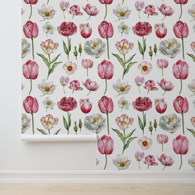 Gedetailleerde bloem collectie pioenen tulp rozen behang (Applicatie)
