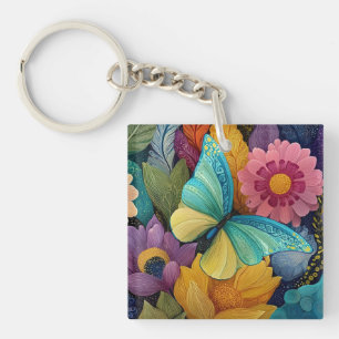 Gedetailleerde bloem- en vlinderillustratie sleutelhanger