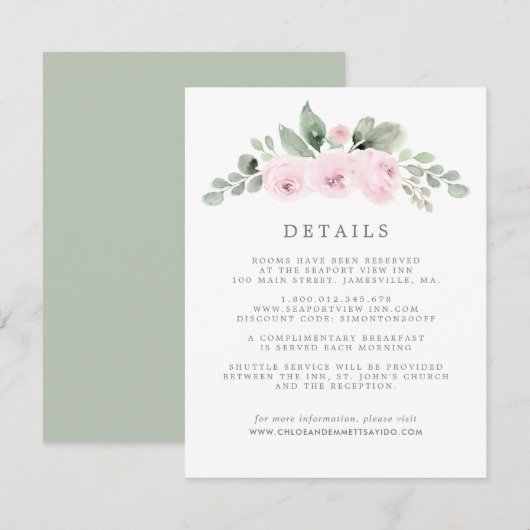 Gedetailleerde botanische bruiloft met roze Floral Informatiekaartje (Voorkant / Achterkant)