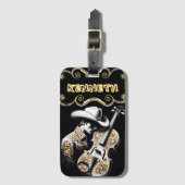 Gedetailleerde cowboygravure op muzikaal meesterwe bagagelabel (Voorkant (verticaal))