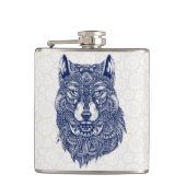 Gedetailleerde donkerblauwe wolf hoofd illustratie heupfles (Voorkant)