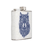 Gedetailleerde donkerblauwe wolf hoofd illustratie heupfles (Rechts)