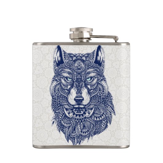 Gedetailleerde donkerblauwe wolf hoofd illustratie heupfles (Achterkant)