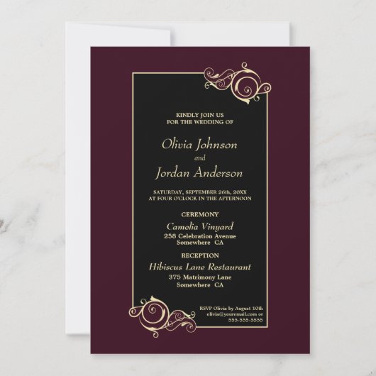 Gedetailleerde Elegant Black Burgundy Gold Wedding Kaart (Voorkant)